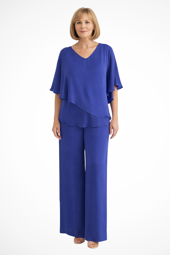 Elegant women's two-piece set with wide leg pants & batwing top, ideal for spring/summer style.