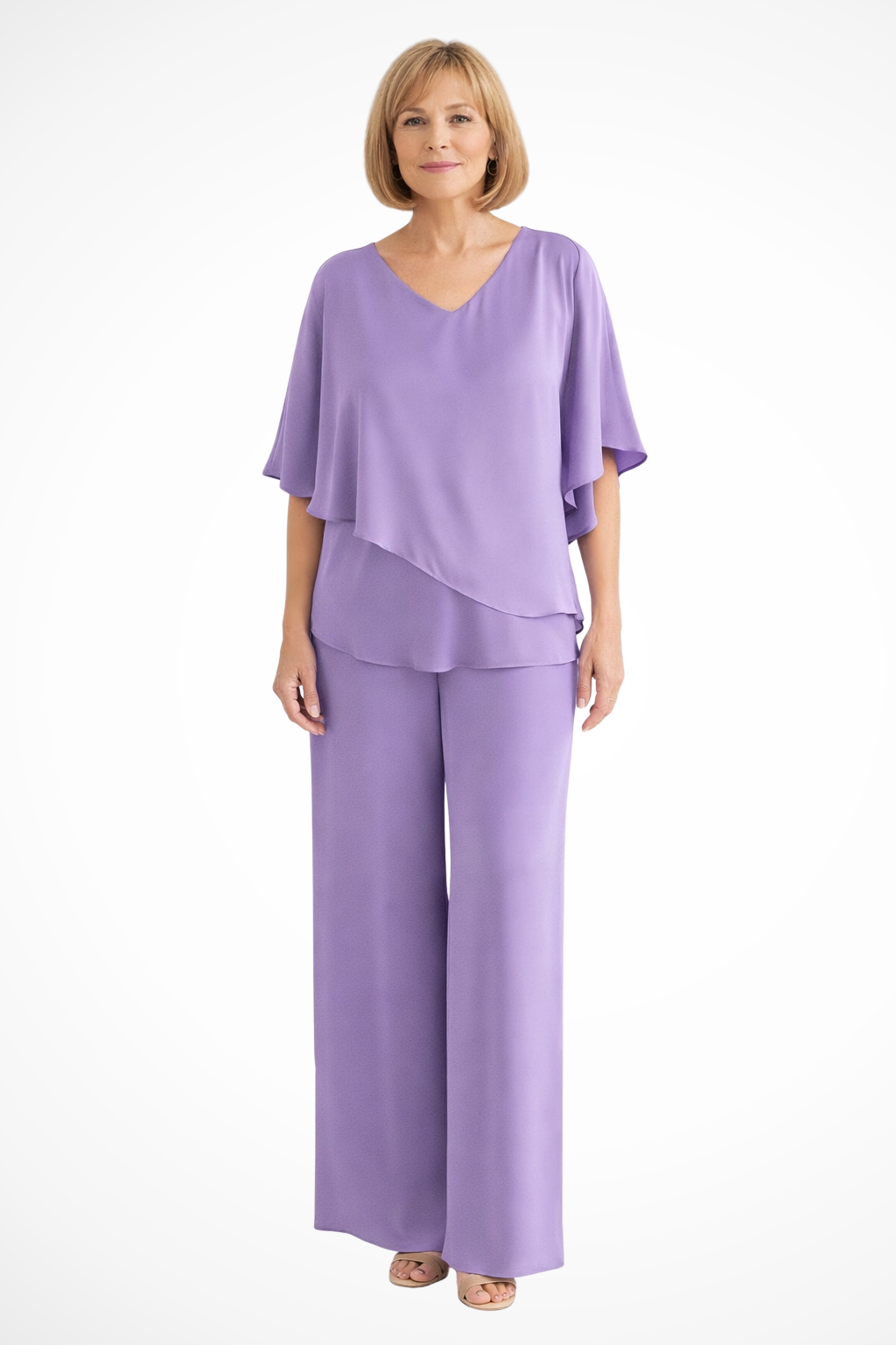 Women's casual yet elegant two-piece set: comfortable wide leg pants & stylish batwing top.