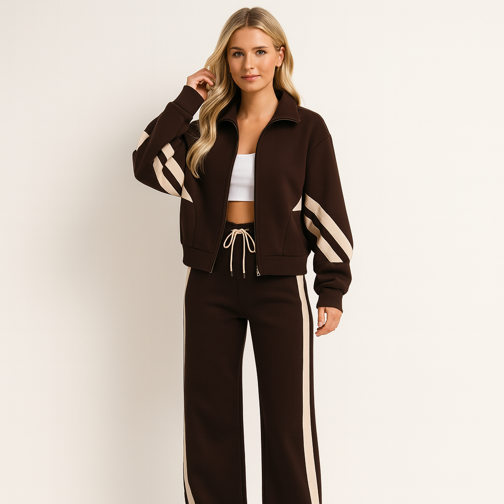 Women's effortlessly stylish wide leg tracksuit set. Includes a comfortable zip jacket & matching pants, perfect for athleisure.