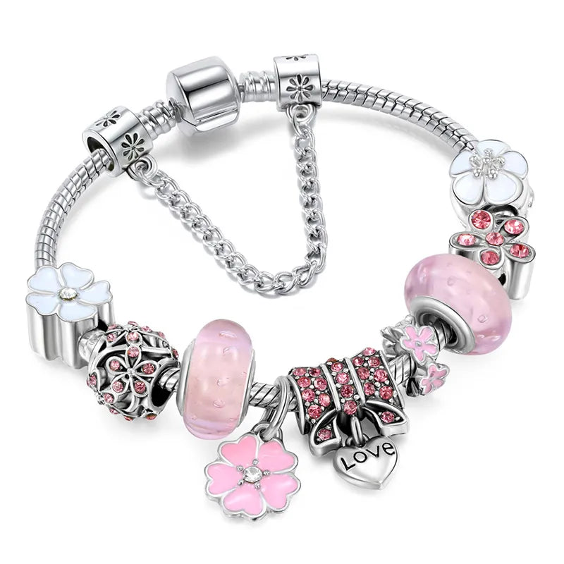 Delicate pink & blue electroplated love charm bracelet, adjustable women's jewelry, perfect daily wear gift.