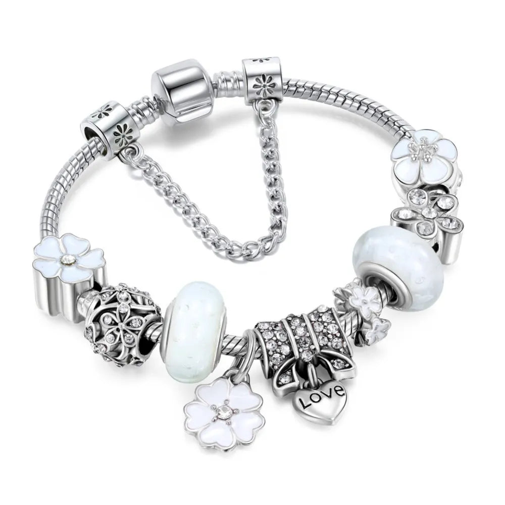 Elegant white love charm bracelet, adjustable alloy fit, delicate women's fashion accessory, ideal for daily wear.