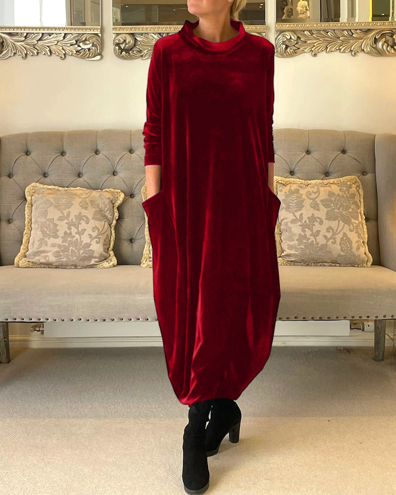 Long sleeve A-line elegant dress with comfortable fabric and functional pockets.