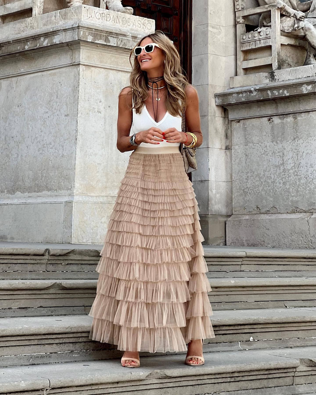 Women's elegant A-line flowy maxi skirt in lightweight fabric, perfect for casual or dressy everyday wear.