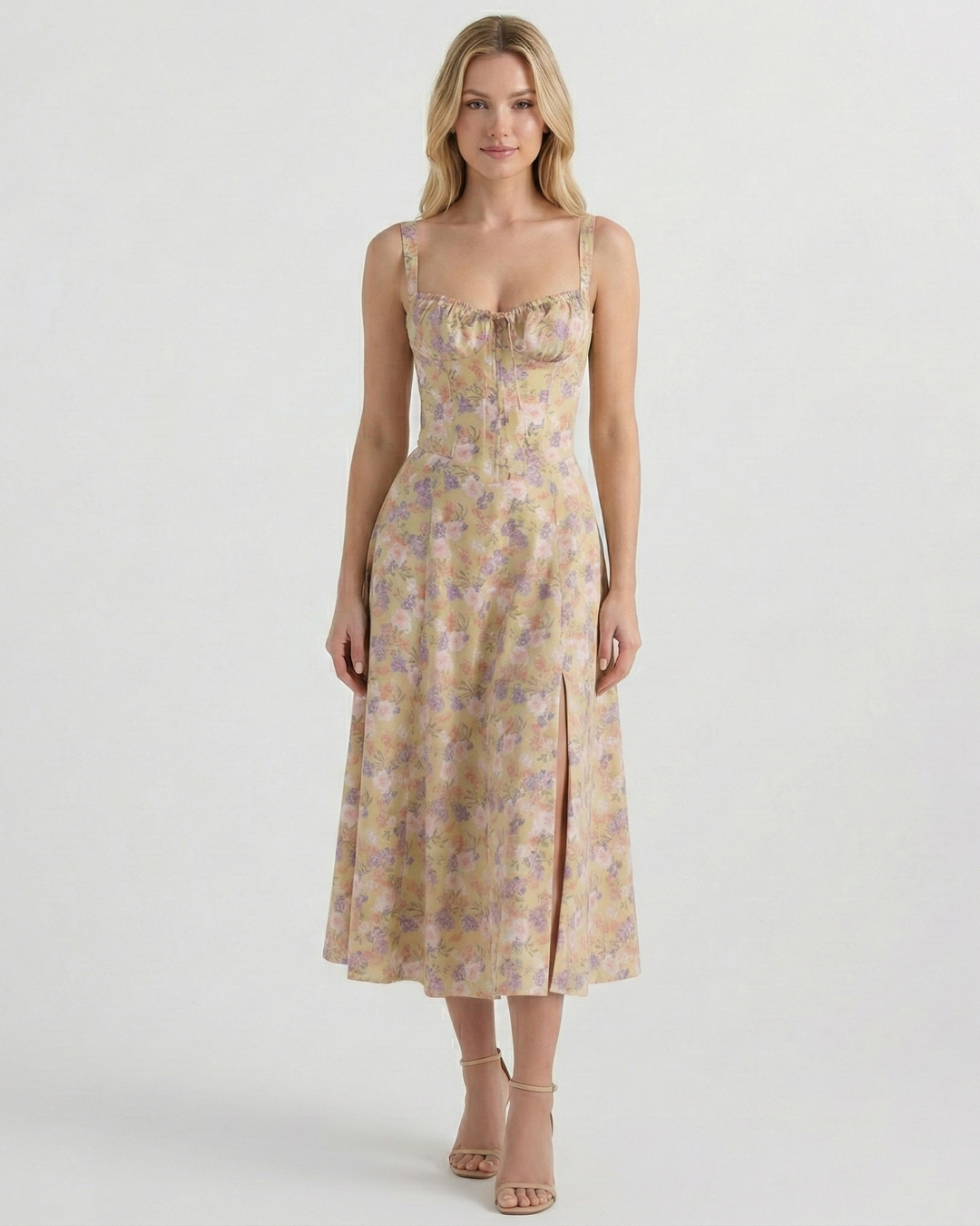 Women's elegant A-line midi dress with a flattering square neckline and delicate spaghetti straps.
