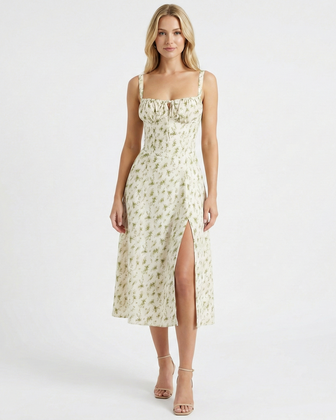 Fashionable women's square neck midi dress with spaghetti straps, perfect for parties or evenings.