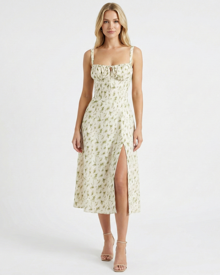 Fashionable women's square neck midi dress with spaghetti straps, perfect for parties or evenings.