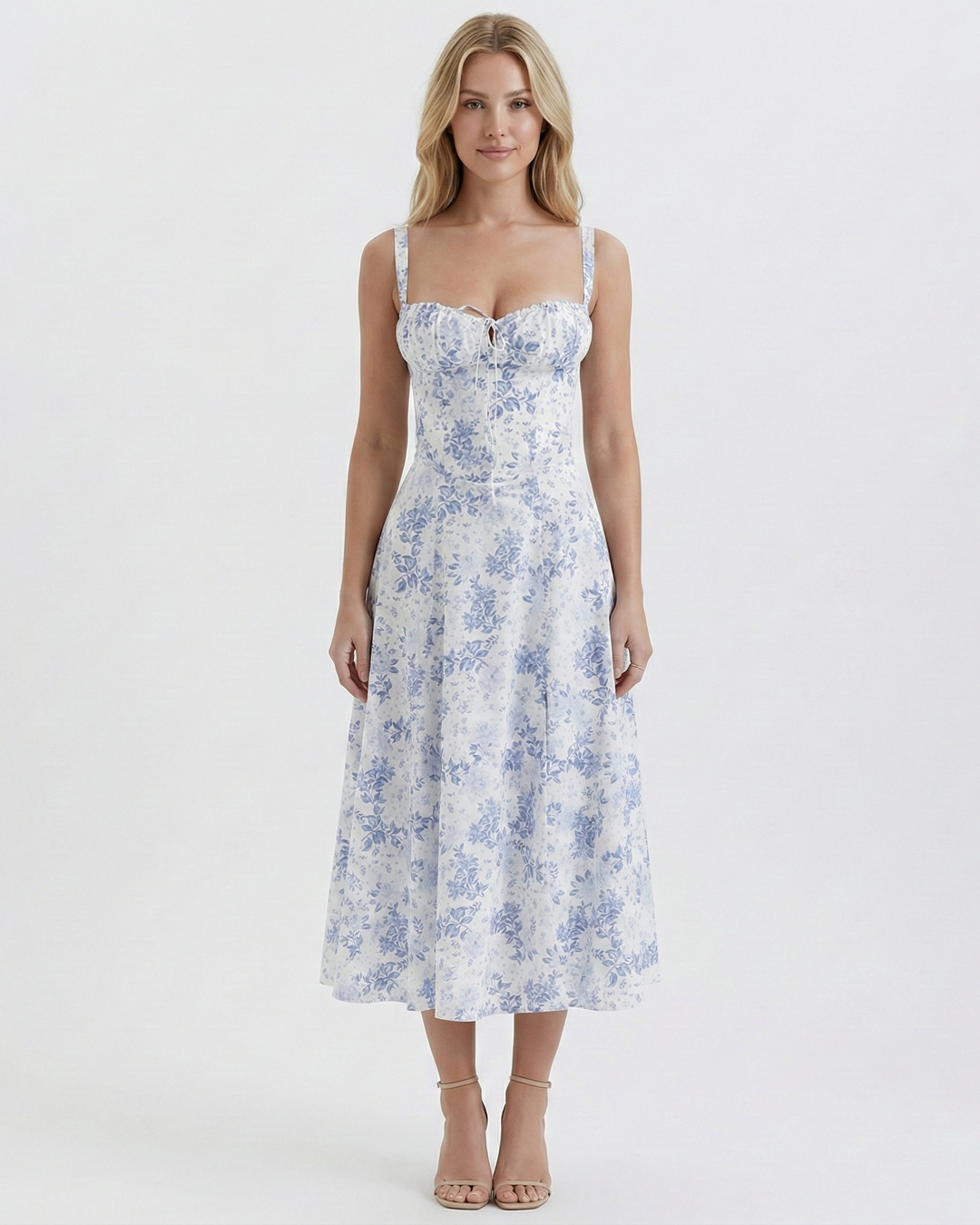 Summertime A-line midi dress for women, showcasing a sophisticated square neckline and sleeveless design.