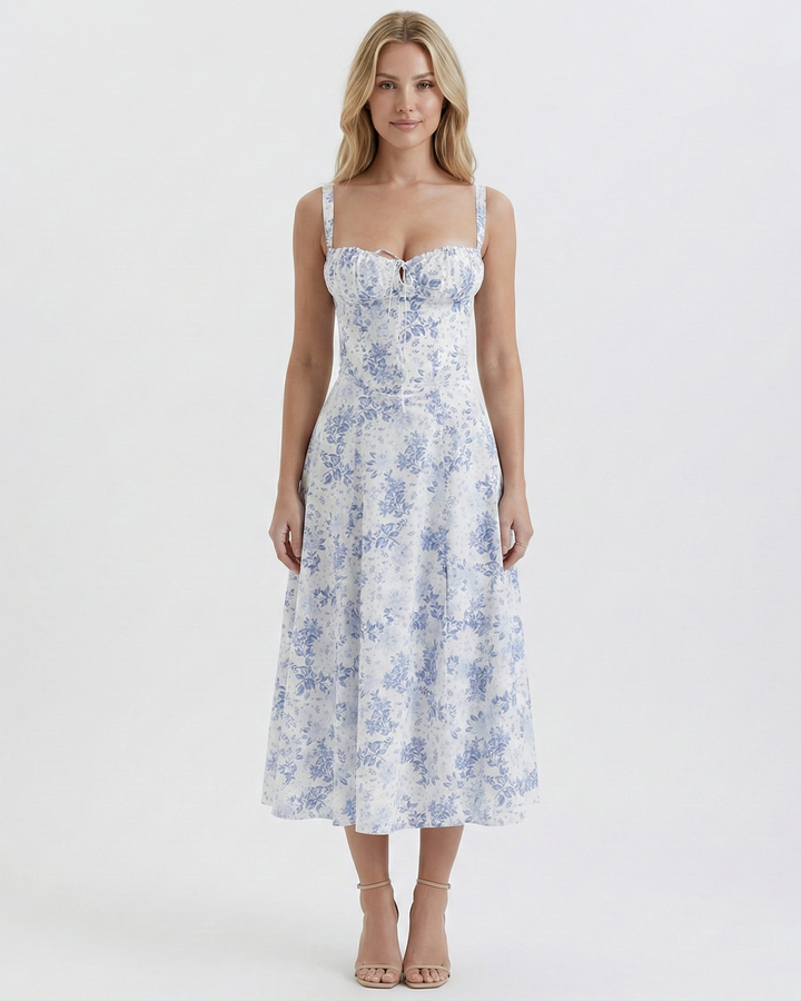Summertime A-line midi dress for women, showcasing a sophisticated square neckline and sleeveless design.