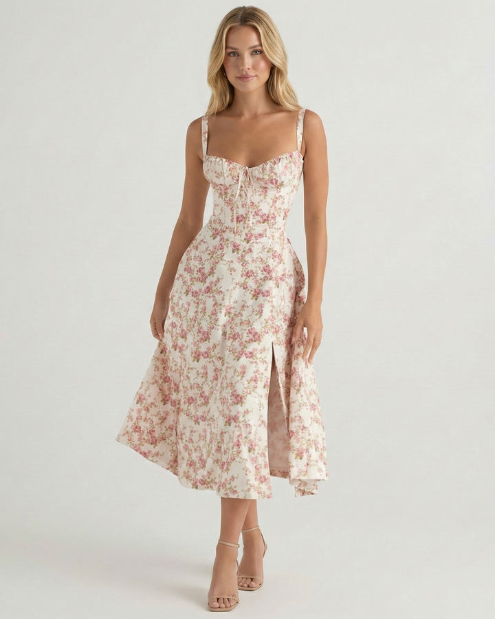 Versatile women's party and evening midi dress with an elegant A-line cut and a chic square neckline.