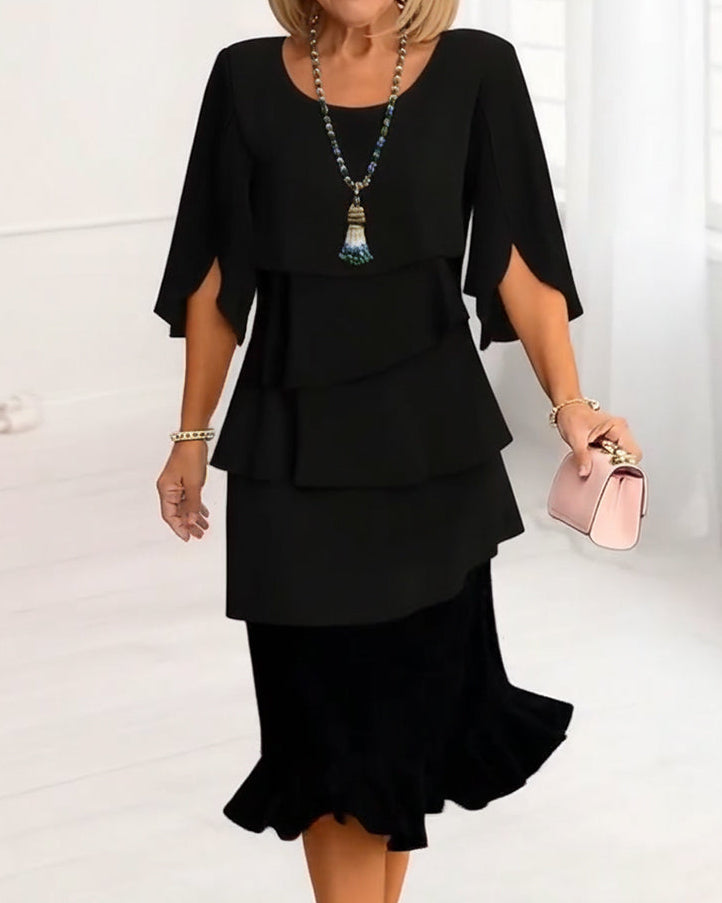 Women's elegant A-line midi dress with comfortable ruffle details, perfect for spring/summer daily wear.