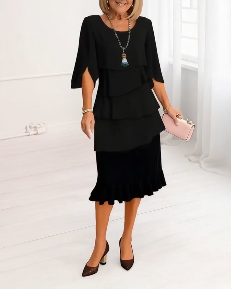 Flowy women's elegant ruffle A-line dress, a versatile midi for spring fashion, daily wear, or occasions.