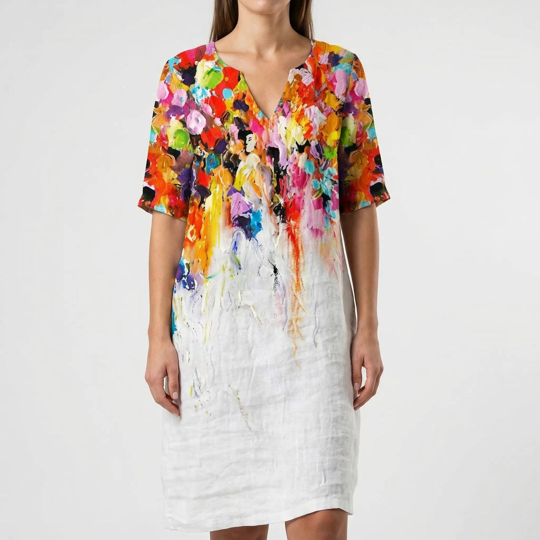 Women's long sleeve shift dress, abstract floral print, elegant and suitable for various occasions.