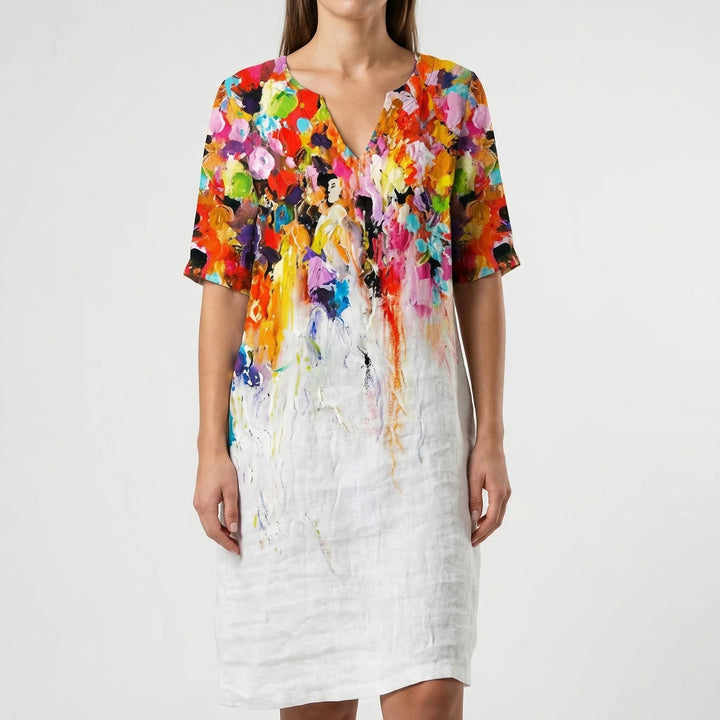 Women's long sleeve shift dress, abstract floral print, elegant and suitable for various occasions.