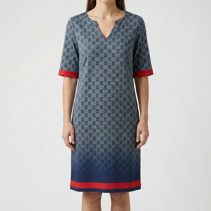 Fashionable women's abstract floral v-neck shift dress with long sleeves. Casual elegant style.