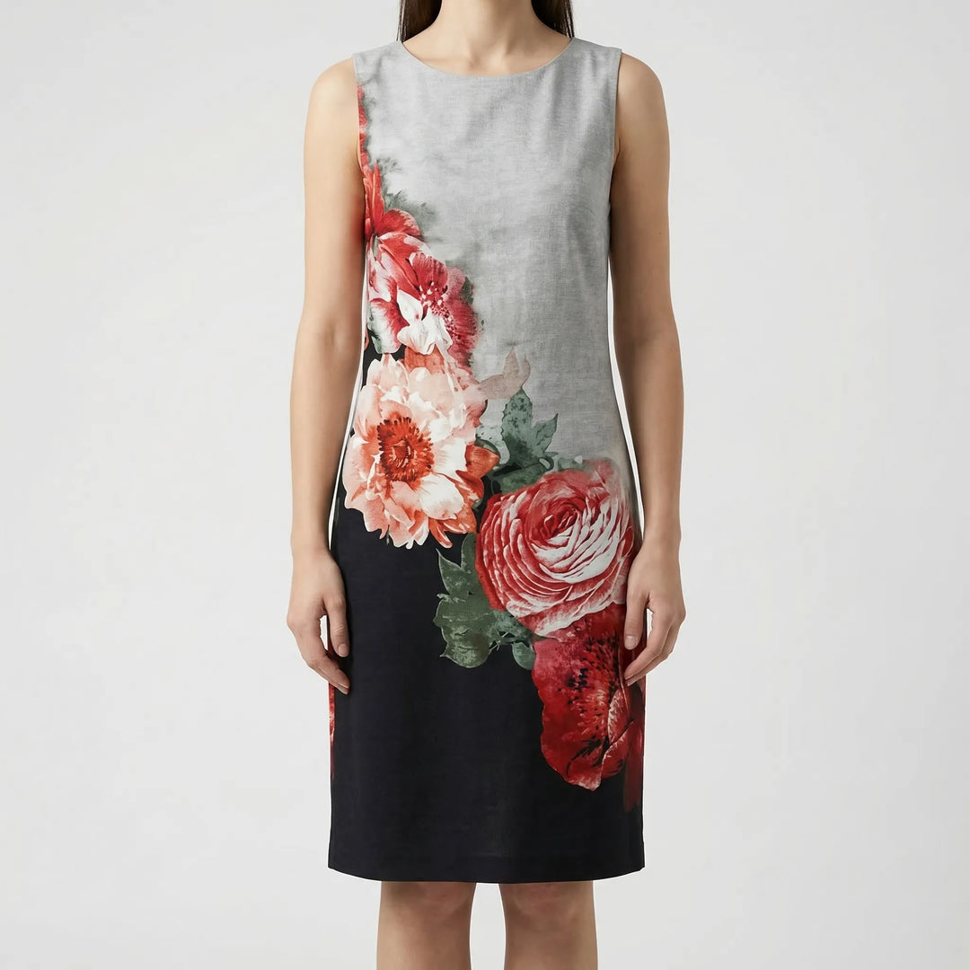 Relaxed fit women's long sleeve shift dress, abstract floral design. Comfortable and stylish for women.