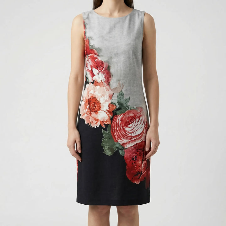 Relaxed fit women's long sleeve shift dress, abstract floral design. Comfortable and stylish for women.