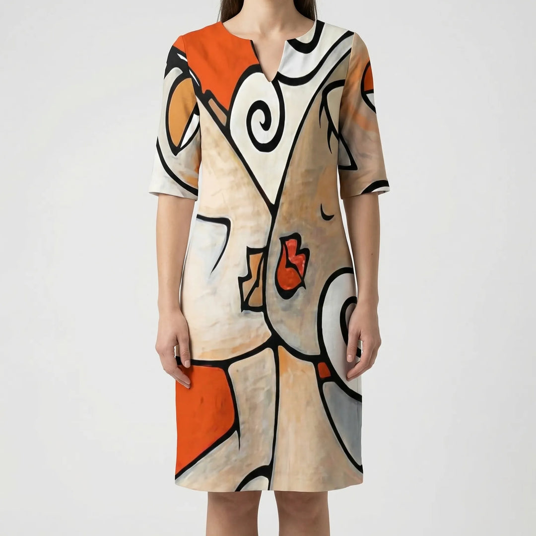 Versatile women's abstract floral shift dress. Long sleeves, elegant, ideal for daytime fashion.