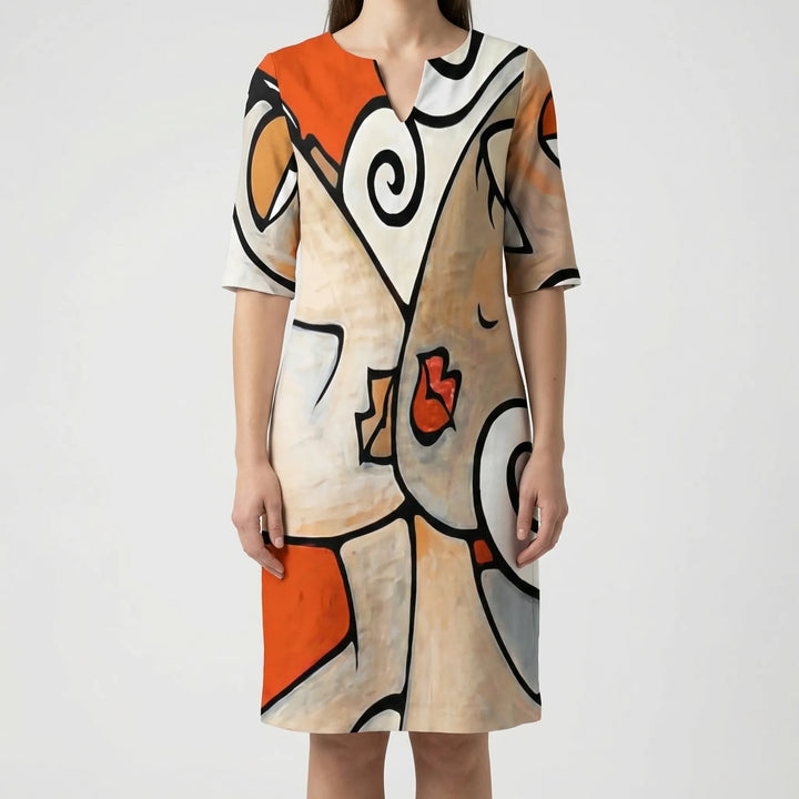 Versatile women's abstract floral shift dress. Long sleeves, elegant, ideal for daytime fashion.