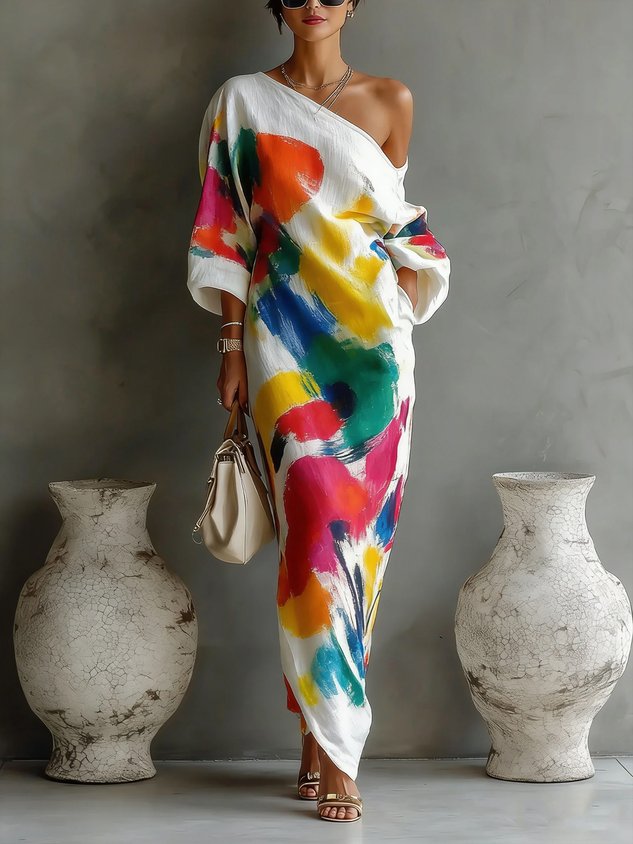 Women's elegant abstract print one-shoulder maxi dress with a flowy silhouette, perfect for summer parties.