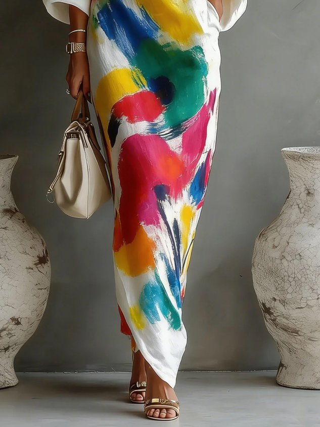 Abstract print one-shoulder women's maxi dress. Elegant, comfortable flowy style for summer fashion and holiday wear.