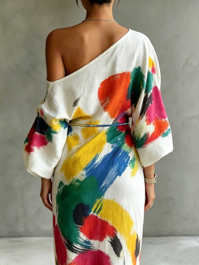 Sleeveless elegant women's maxi dress with a vibrant abstract pattern and sophisticated one-shoulder cut.