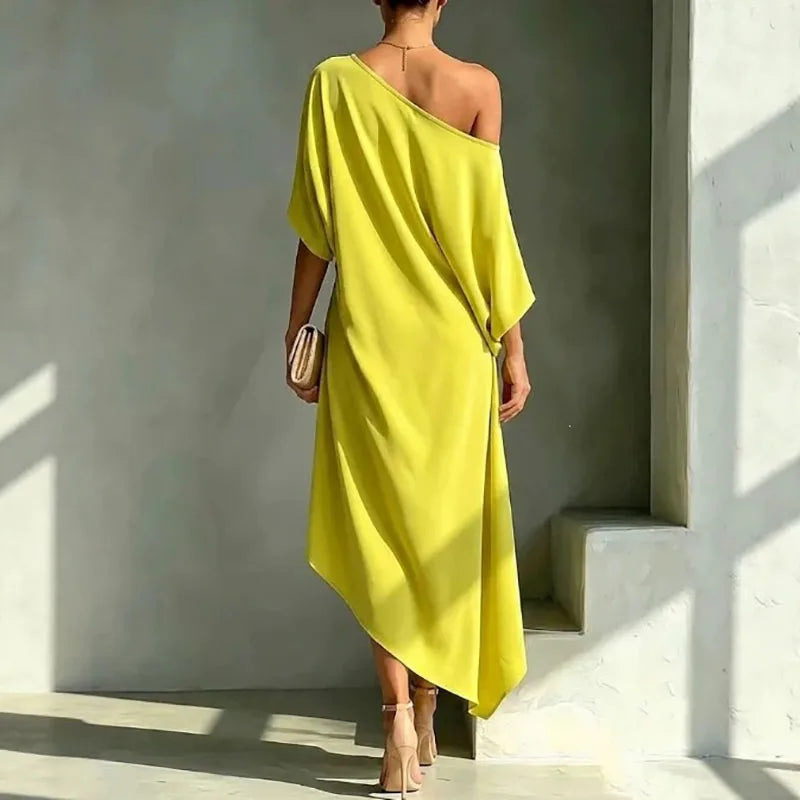 Comfortable women's long dress with asymmetric drape and loose fit, offering effortless style for summer or autumn.
