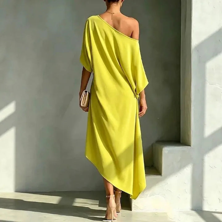 Comfortable women's long dress with asymmetric drape and loose fit, offering effortless style for summer or autumn.