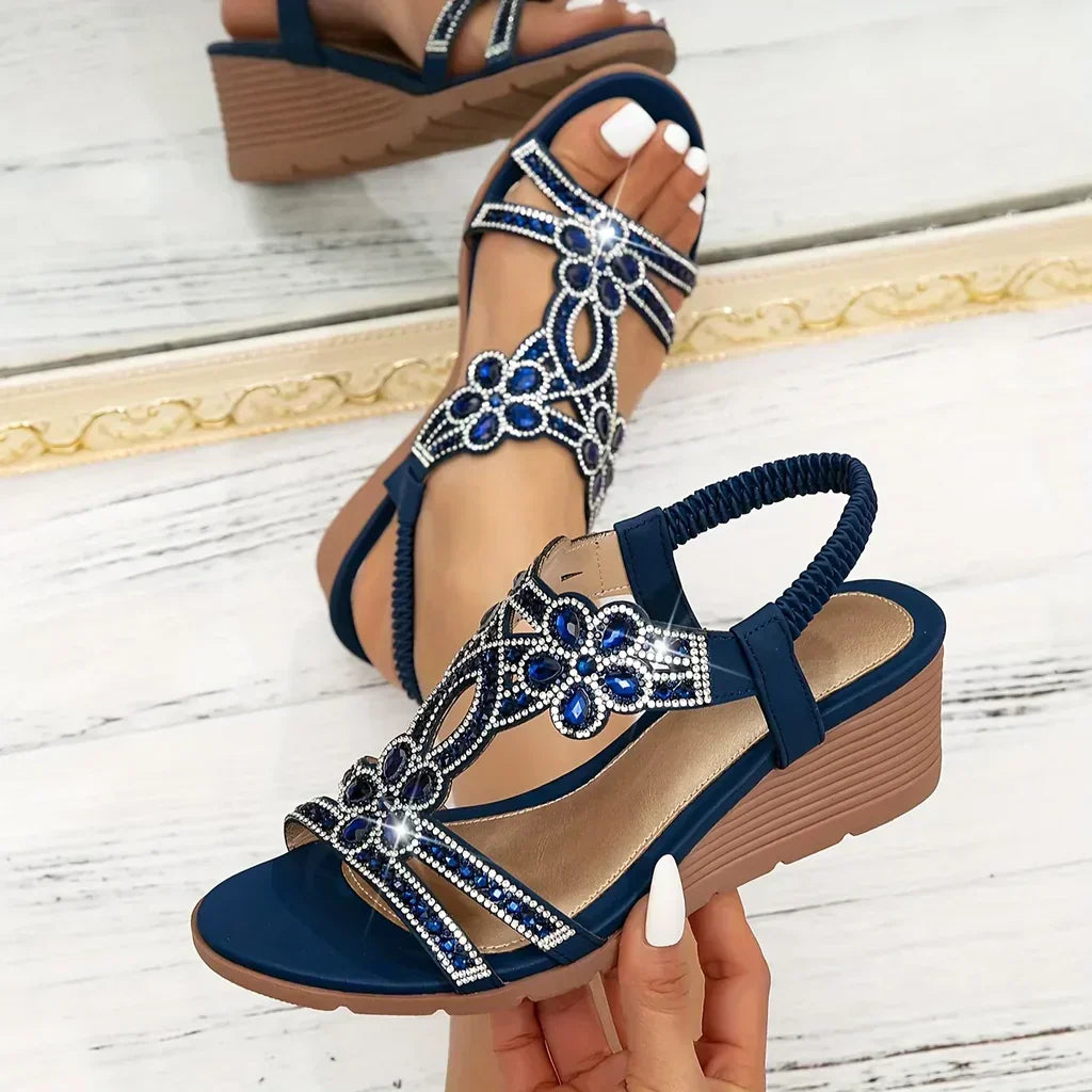 Women's elegant beaded wedge sandals with arch support for comfortable summer wear.