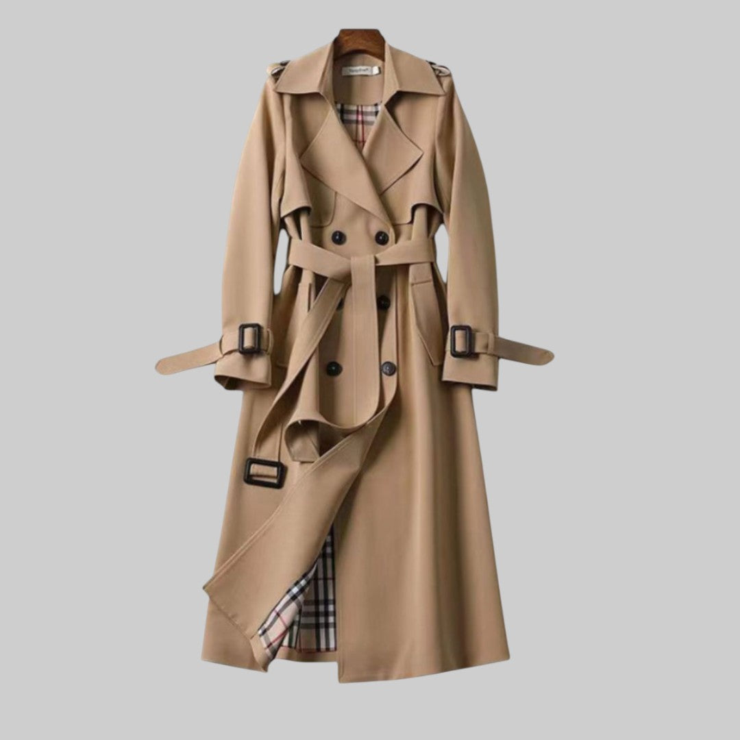 Women's elegant belted double-breasted trench coat, classic outerwear for stylish spring & autumn fashion.