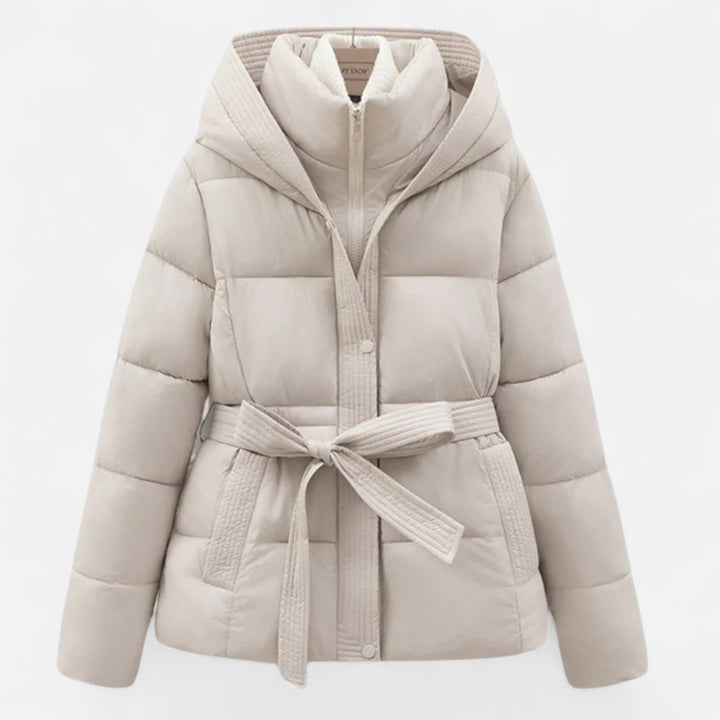 Women's elegant belted hooded puffer jacket for winter, offering warmth & style.