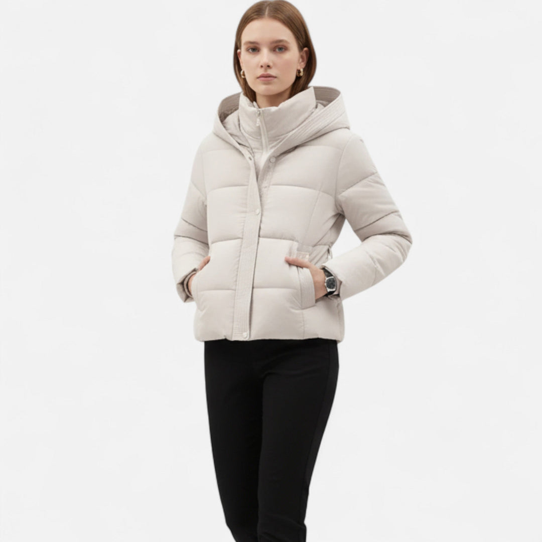 Chic women's belted puffer jacket with hood, perfect elegant winter outerwear for ladies.