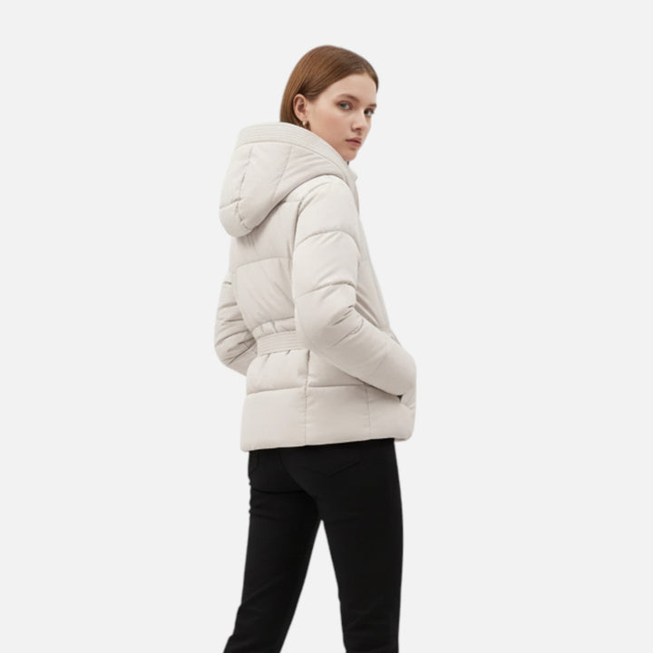 Cozy women's hooded puffer jacket with belt, ideal for cold weather & stylish winter warmth.