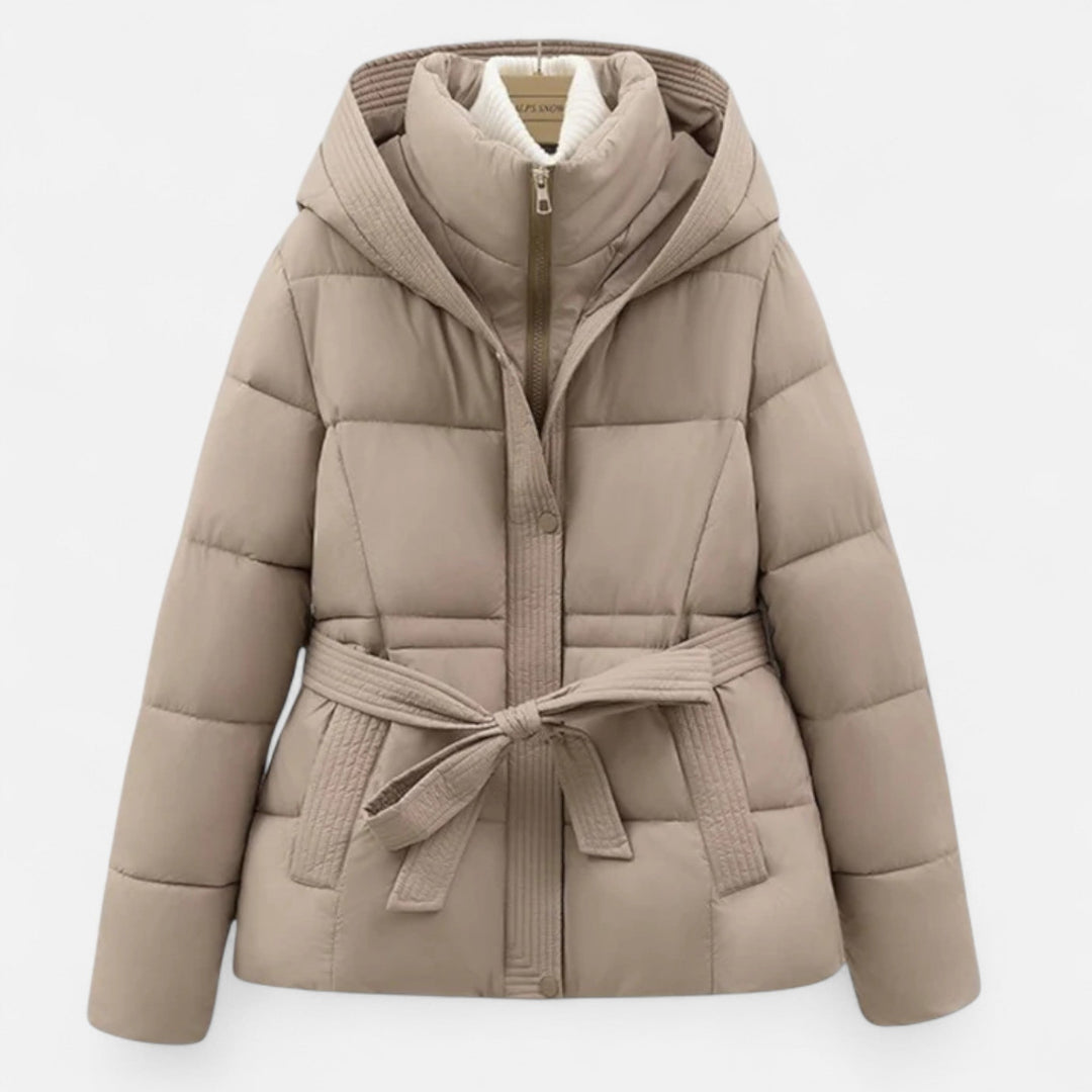 Stylish women's belted hooded puffer jacket, perfect for casual outings & winter fashion.