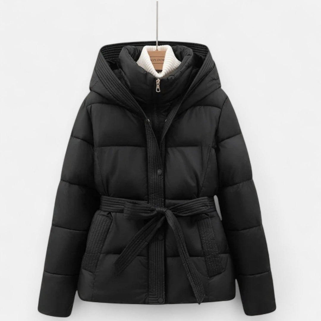 Warm ladies' puffer jacket, hooded & belted, offering a chic, cozy look for winter outerwear.