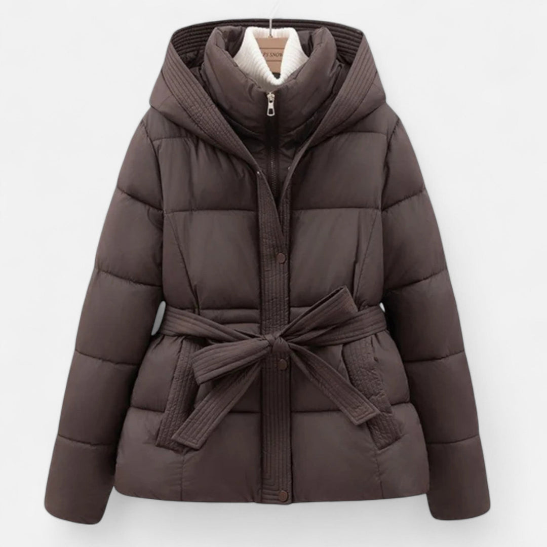 Women's elegant belted hooded puffer coat, providing a chic silhouette for winter fashion.