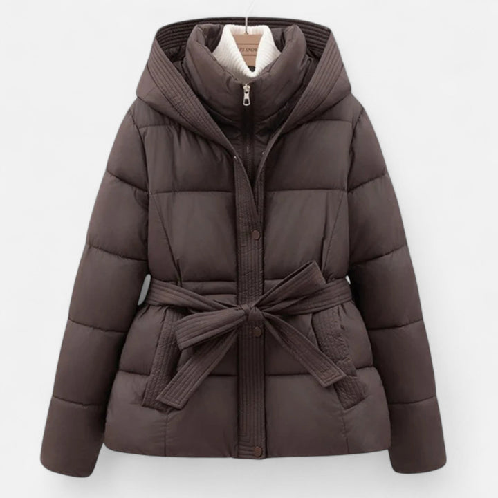 Women's elegant belted hooded puffer coat, providing a chic silhouette for winter fashion.