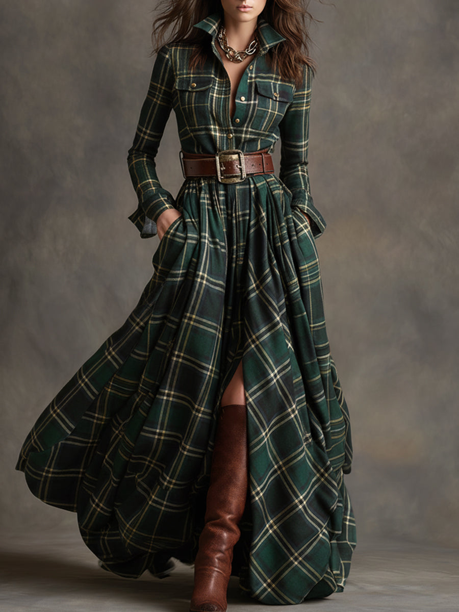 Women's elegant belted plaid midi shirt dress.