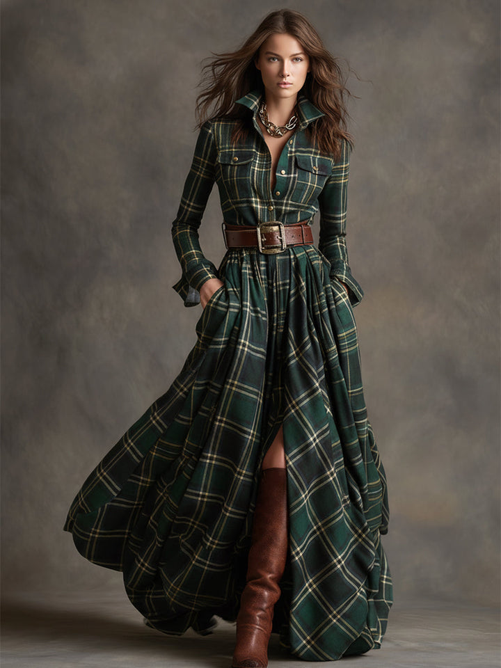 Women's elegant long sleeve shirt dress, belted and plaid for spring/fall.
