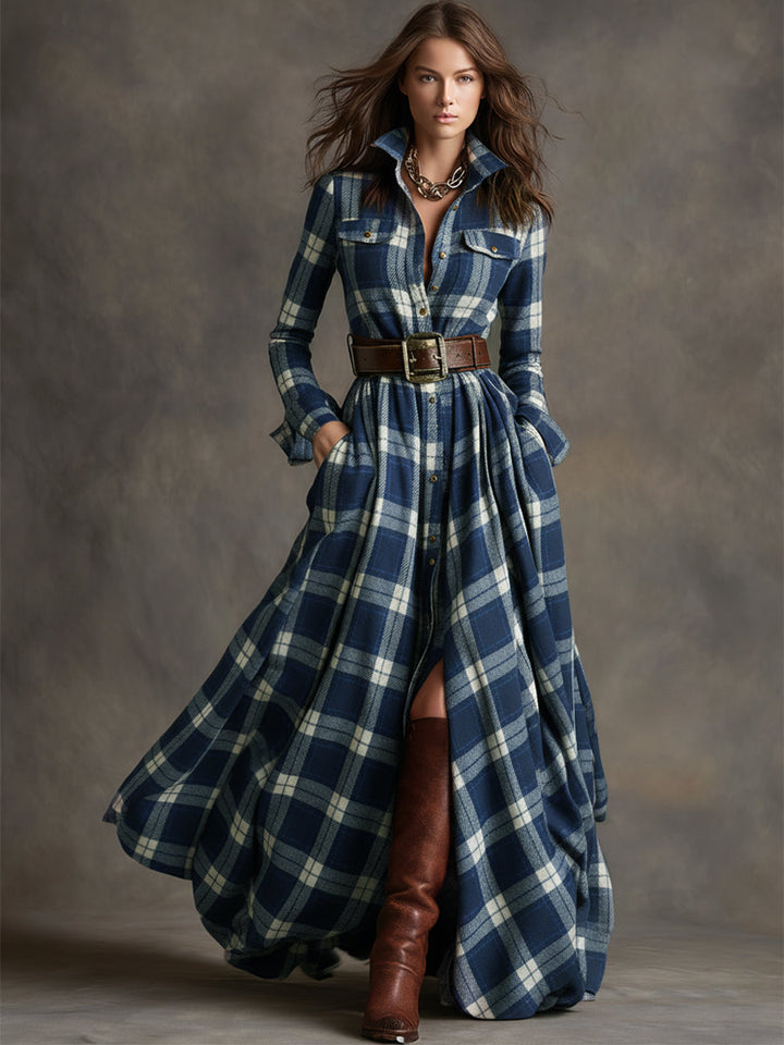 Women's versatile belted plaid midi dress, elegant and easy to style.