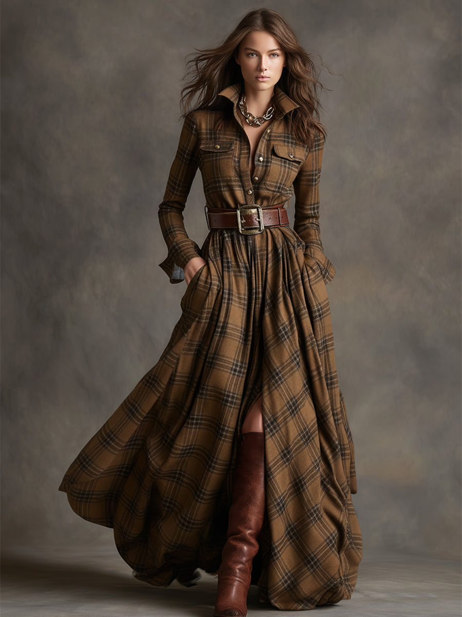 Effortless style: Women's elegant belted long sleeve plaid midi shirt dress.