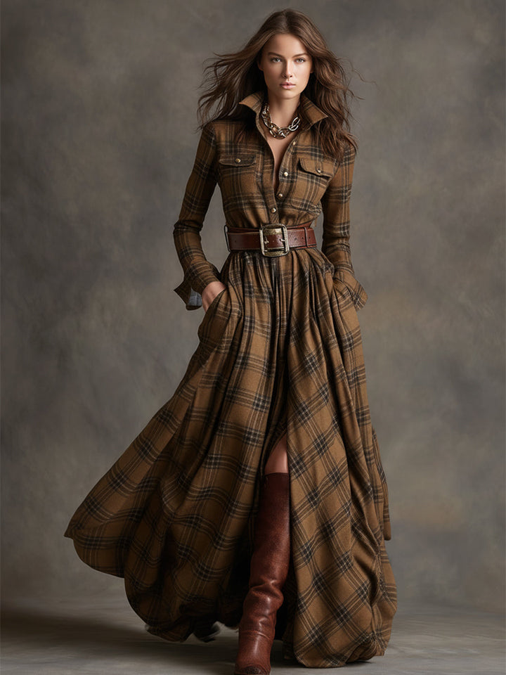 Effortless style: Women's elegant belted long sleeve plaid midi shirt dress.
