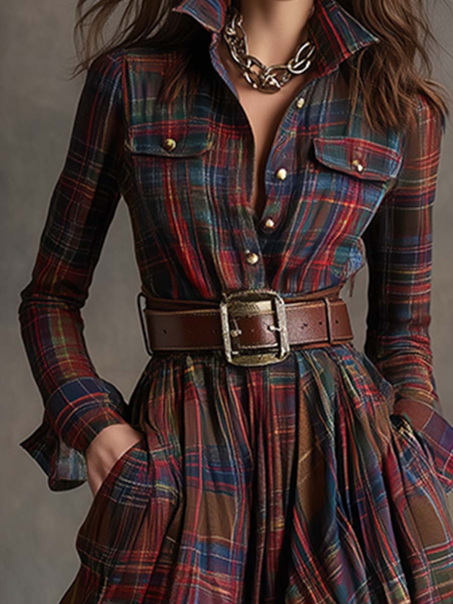Versatile women's casual midi shirt dress with an elegant belt.