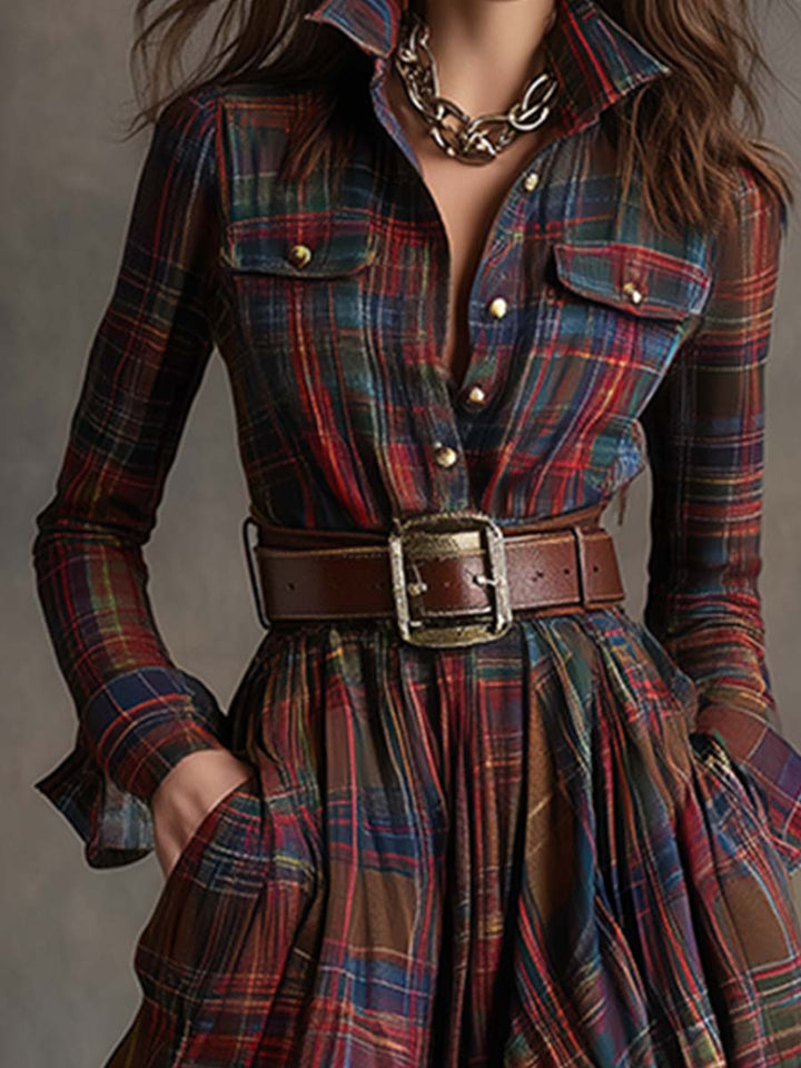 Versatile women's casual midi shirt dress with an elegant belt.