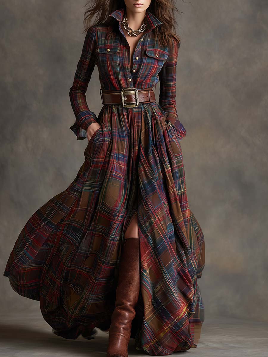 Chic women's plaid day dress, long sleeve and belted for effortless style.