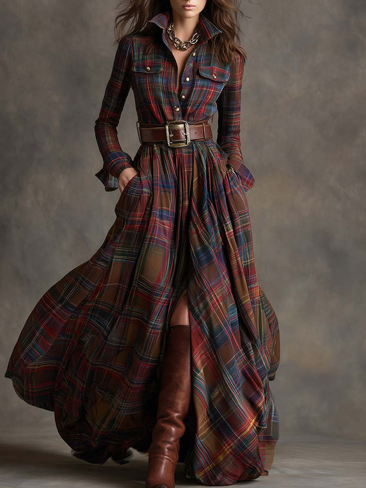 Chic women's plaid day dress, long sleeve and belted for effortless style.