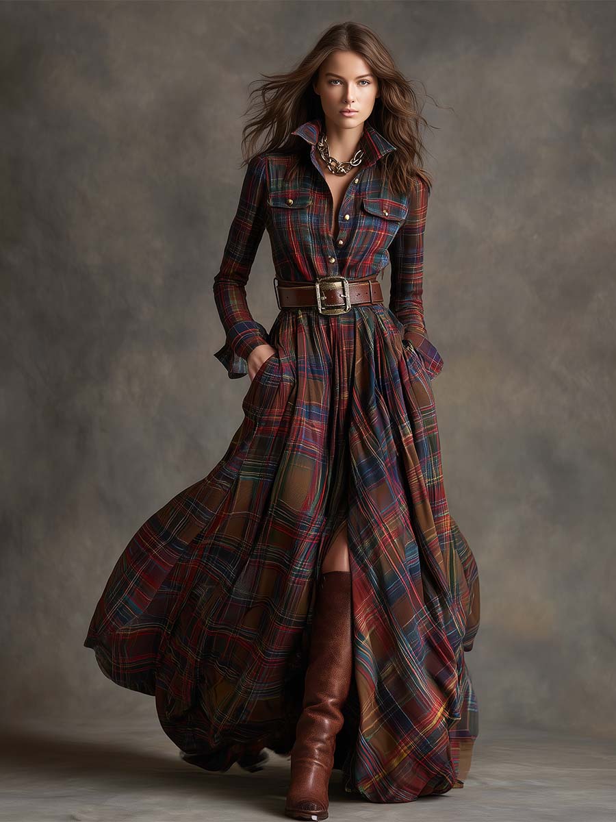 Women's belted plaid shirt dress, a versatile elegant midi for any occasion.