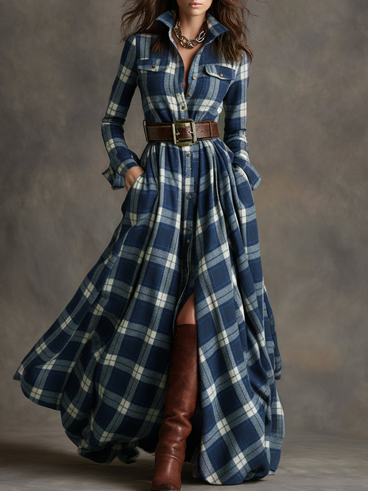 Women's plaid midi dress, elegant and casual with a flattering belt.