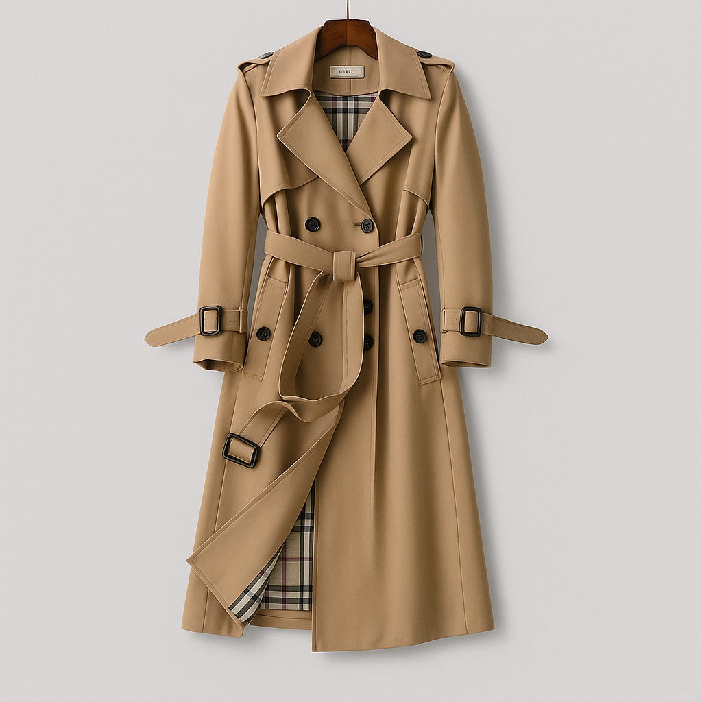 Women's elegant belted trench coat, a timeless classic perfect for fall & winter fashion.