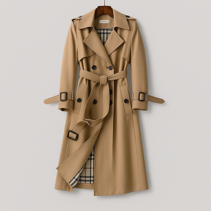 Women's elegant belted trench coat, a timeless classic perfect for fall & winter fashion.