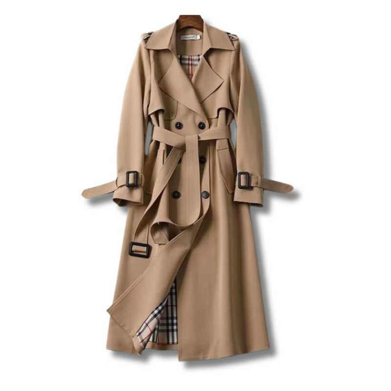 Weather-resistant ladies' midi trench coat with belt, ideal outerwear for fall and winter style.